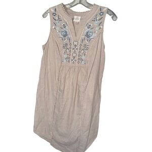 Knox Rose Women's Beige Embroidered Sleeveless Linen Knee Length Boho‎ Dress  M